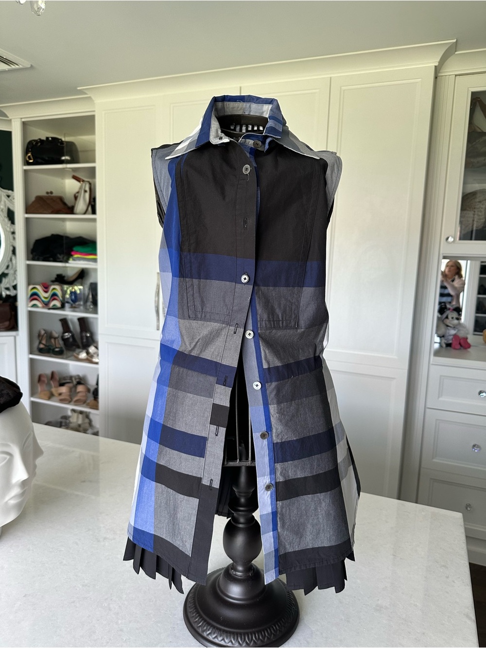 Derek Lam Sleeveless Plaid Tunic in Blue, Black & Gray